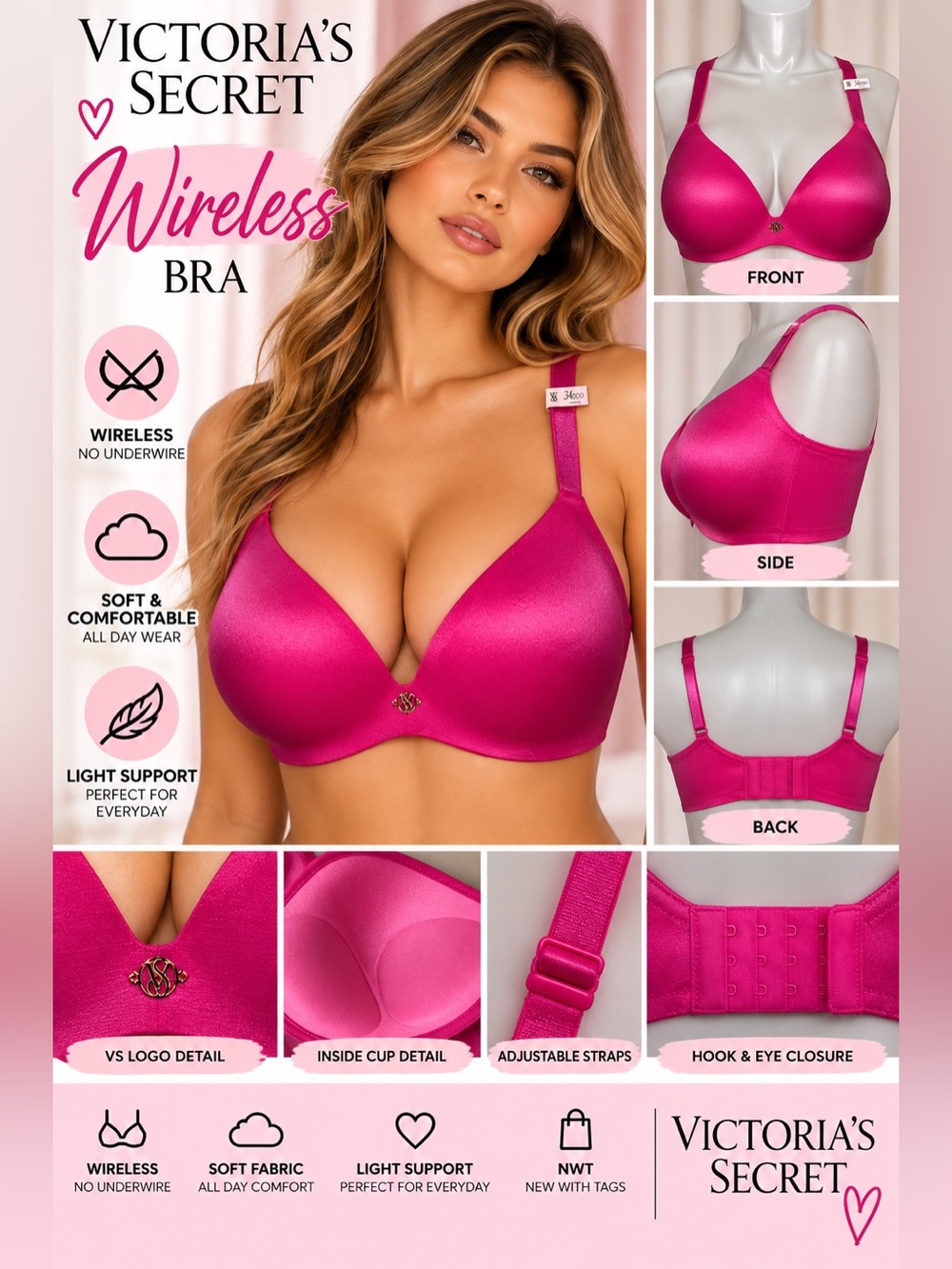 Victoria's Secret Hot Pink Plunge Push-Up Bra Sz 34DDD NWT